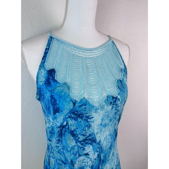 White House Black Market women's small blue high‎ neck crochet tank top blouse - Picture 3 of 8